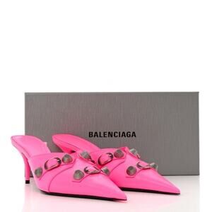 Pink Engraved Cagole Slip On Leather Heeled Mules Shoes 37